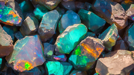 Poster - Vibrant texture of fiery opal and chrysocolla stones in chaotic arrangement for artistic backgrounds