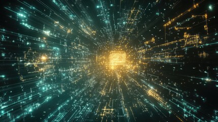 Poster - Abstract digital representation of a glowing cube surrounded by vibrant light trails in a futuristic space