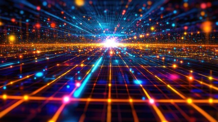 Poster - Vibrant digital landscape with glowing lines and particles, creating a sense of depth and motion in a futuristic setting