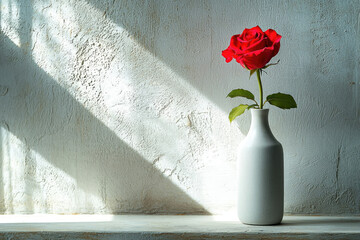 Poster - Single red rose in a white vase, bathed in sunlight against a textured wall.