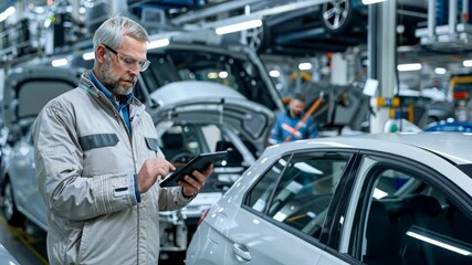 Aufkleber - An automotive technician uses an advanced tablet to manage tasks in a modern workshop, showcasing the integration of technology and engineering to enhance productivity in the field