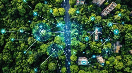 Poster - Aerial View of Urban Landscape Merging Nature and Technology Innovations