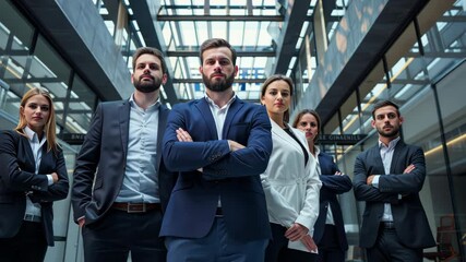 Poster - A diverse team of six skilled professionals is showcasing effective teamwork and collaboration in a dynamic office, highlighting innovation and strong leadership in business and technology