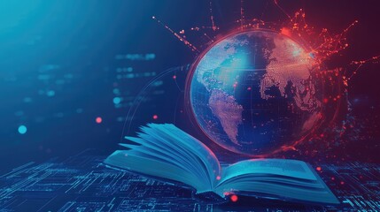 Poster - An open book with glowing pages revealing a digital world, illuminated by a vibrant globe and data patterns