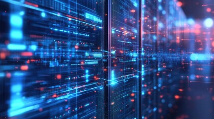 Poster - Abstract representation of digital data flow in a futuristic server room with vibrant blue and red lights