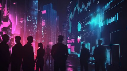 Poster - Silhouetted figures in a futuristic cityscape, surrounded by vibrant digital displays and data visualizations at night