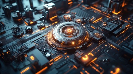 Poster - A close-up view of a futuristic circuit board with glowing orange elements, showcasing advanced technology in a digital environment