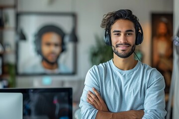 Poster - Confident Call Center Agent Poses with Arms Crossed and a Smile in Front of Man's Portrait, Symbolizing Customer Service and Networking.