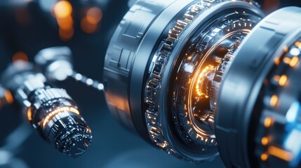 Poster - Futuristic mechanical components with glowing elements in a high-tech environment showcasing advanced technology