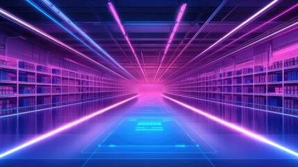 Poster - Futuristic digital library with glowing neon lights illuminating shelves of books, creating a vibrant atmosphere