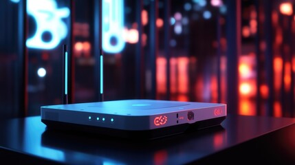 Poster - Modern wireless router on a sleek table with vibrant neon lights illuminating a tech-inspired background