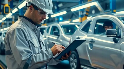 Poster - A skilled technician inspects automotive parts with a hightech tablet in a modern facility, demonstrating the advanced technology in automotive engineering and manufacturing processes