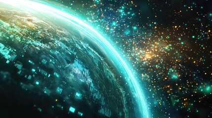 Poster - A vibrant cosmic scene showcasing a distant planet surrounded by colorful stars and glowing particles in space