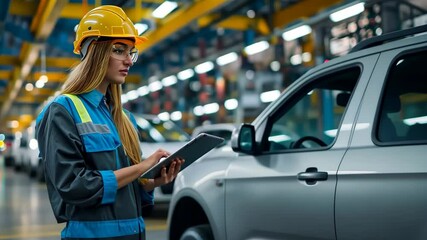 Poster - A skilled woman in a safety helmet and work attire uses a tablet to inspect vehicles in a large automotive manufacturing facility, integrating modern technology into mechanical engineering
