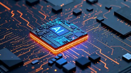 Poster - A closeup image of a highperformance AI chip surrounded by detailed circuit pathways on a sleek electronic board, representing the pinnacle of cuttingedge technology and advanced engineering