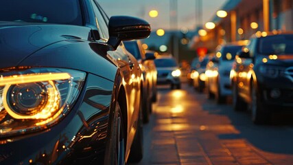 Poster - A bustling urban scene at dusk, where sleek and modern cars are lined up in slowmoving traffic, showcasing the latest in automotive design and engineering amidst a vibrant city atmosphere