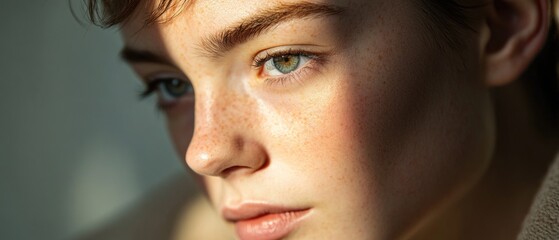 Poster - A close-up shot of a woman's face featuring freckles, suitable for use in portraits or beauty-related content