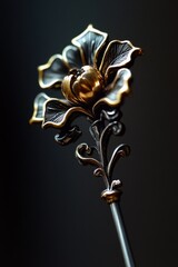 Aufkleber - A single golden flower is held on a stick against a dark or black background, suitable for use in designs about nature, luxury, and elegance