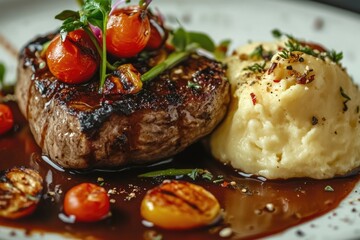 Poster - A plate of comfort food featuring mashed potatoes, fresh tomatoes, and other ingredients