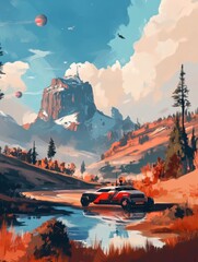 Poster - A vehicle traveling along a highway or country road