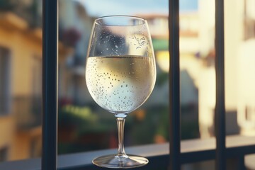 Aufkleber - A glass of wine sits alone on a window sill, perfect for a quiet evening or as a decorative piece