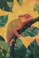 Poster - A chameleon sits on a tree branch, showcasing its colorful skin
