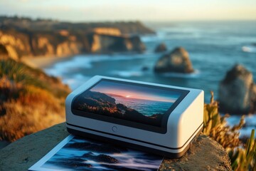 Poster - A Polaroid printer sits on top of a rock near the ocean, capturing memories and moments