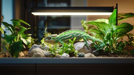 Poster - A chameleon lizard sits on a rock in a garden, showcasing its vibrant colors and unique features