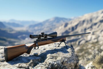 Poster - A rifle sits atop a rocky outcropping
