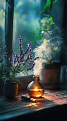 Poster - A small glass vase sits atop a wooden table