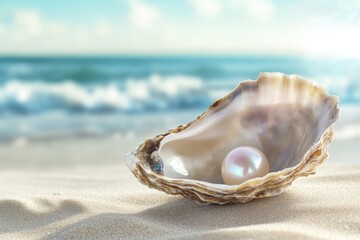 Poster - A pearl nestled in its shell on the sandy beach, perfect for travel or nature-related themes