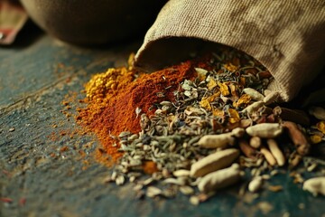 Poster - A bag of spices sits on a table