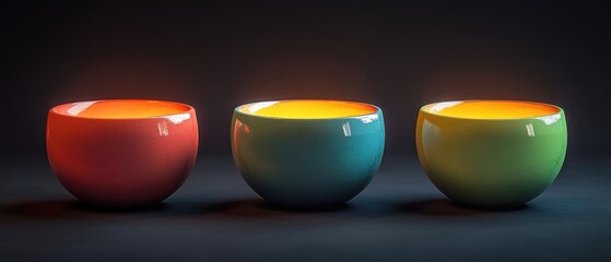 Poster - Three vibrant vases placed side by side on a table, perfect for decorative purposes or still life photography