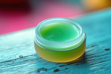 Poster - Close-up view of a jar filled with a clear liquid sitting on a table surface