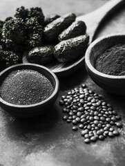 Poster - Black and white image of various food ingredients, including spices, vegetables, and more