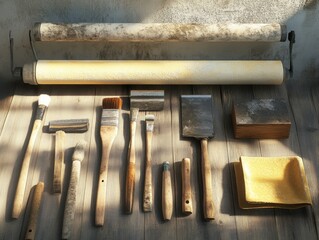 Poster - A collection of tools arranged on a wooden floor, great for illustration or design use