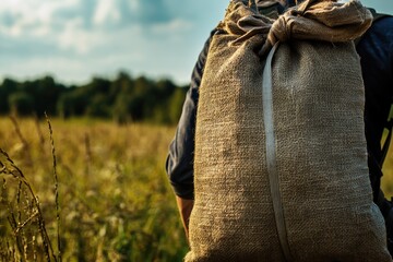 Poster - A person walking through a grassy field carrying a backpack