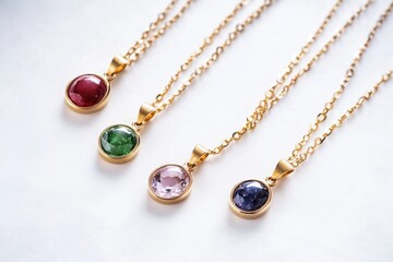 Poster - A detailed view of three colorful stones connected by a chain, ideal for use in jewelry or decorative contexts