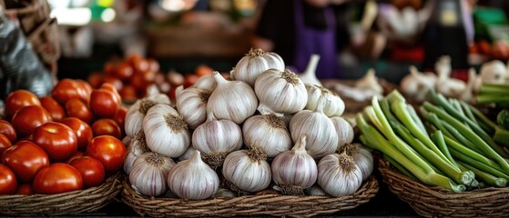Poster - A basket filled with fresh garlic and various vegetables