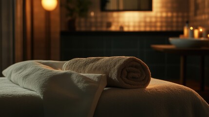 Poster - A towel is folded on top of a bed, great for hotel or bedroom scenes