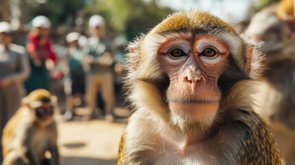 Poster - A close-up shot of a monkey's face with humans in the background, suitable for illustrations or conceptual designs