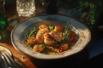 Poster - Fresh seafood dish with scallops, tomatoes, and herbs, perfect for a restaurant or home meal