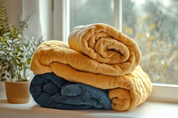 Poster - A stack of towels on a window sill, ready for use