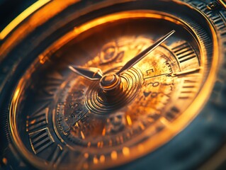 Poster - Close-up view of a golden clock face with intricate details and a subtle shine