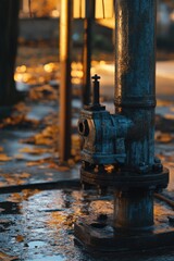 Poster - A close-up view of a fire hydrant on a city street, ready for action