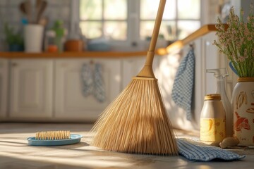 Poster - A broom resting on a kitchen countertop, ready for use