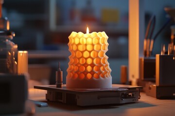 Aufkleber - A single lit candle sits atop a table, providing warm light