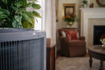 Aufkleber - A warm and cozy living room with a working fireplace and a large air conditioner