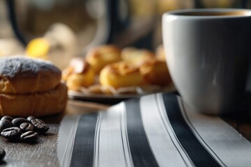 Poster - A cup of coffee and assorted pastries on a table, perfect for a morning breakfast or afternoon snack