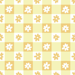 Poster - Yellow orange gingham plaid floral vector repeat pattern, seamless repeating tile design